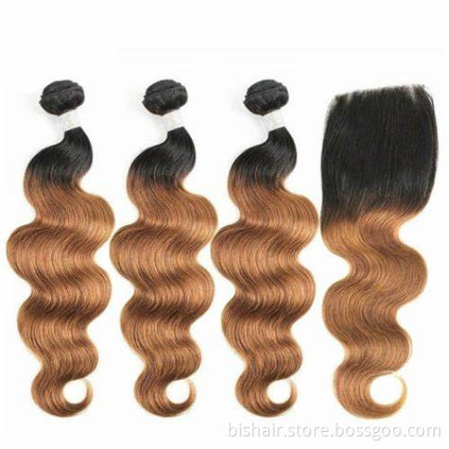 BIS Ombre Body Wave Bundles With Closure 1B30 Honey Blonde Bundles With Brazilian Human Hair 4x4 Transparent lace Closure